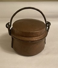 Arts & Crafts VINTAGE Hammered Copper Lidded Pot Blk Iron Swing Handle+Supports