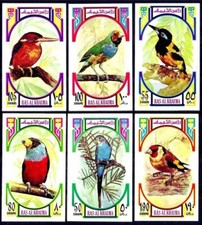 Ras Al Khaima 1972 Song Oiseaux Perroquets Pivert Toucan Or Finch 6v Imperf MNH