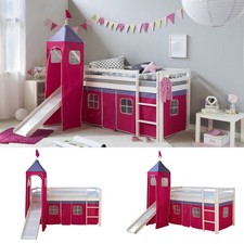 Lit Superposés Mezzanine Enfant 90x200 cm Tour Tobbogan Rideau Rose Homestyle4u