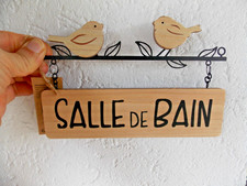 Plaque de porte Salle de bain , décor oiseaux, bois et métal, neuve