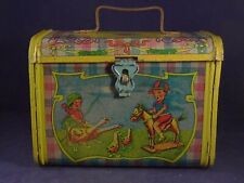 Ancienne boîte fer panier goûter malle enfants jouets jeu oies cygnes avion 1920
