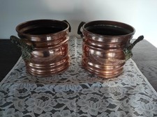Lot de 2 cache-pots- têtes de faunes- cuivre ancien avec poignées en bronze