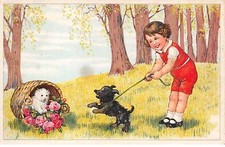 Cats - No. 82106 - Girl holding on a leash a dog barking after a cat d