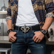 Neuf Homme Femme Argent Métal Boucle Ceinture Fleur de Lis Fleur Jour Nuit Look