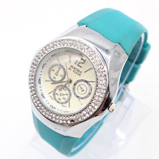 Montres De Fleur Watch Womens Silver Tone Stainless Steel Blue Rubber Band