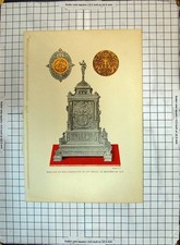 Old Antique Print Colour Horloge Fer Damasquine Siecle Montres Ornament
