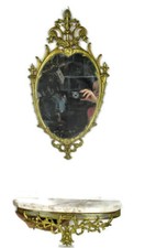 Ornate Demi Lune Console Brass Marble Top Ornate Mirror Hollywood Regency WOW