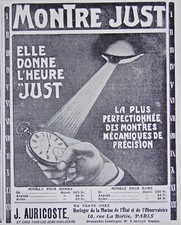 1909 PRESS ADVERTISEMENT JUST SHE GIVES THE TIME JUST J.AURICOSTE WATCH