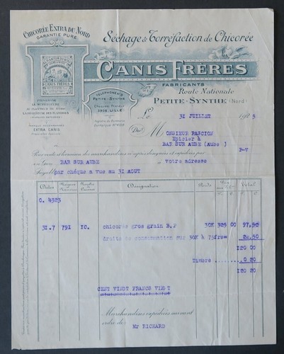 Facture 1925 chicoree canis - chicoree,