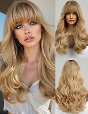 Perruque Femme Synthétique Blond Foncé Longue Et Frange Bouclé