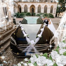 Décoration voiture mariage avec ruban rose blanc et ventouses pour installation