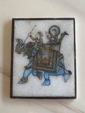 Beautiful Hand Painted Small Indian Marble Plaque - Elephant Scene