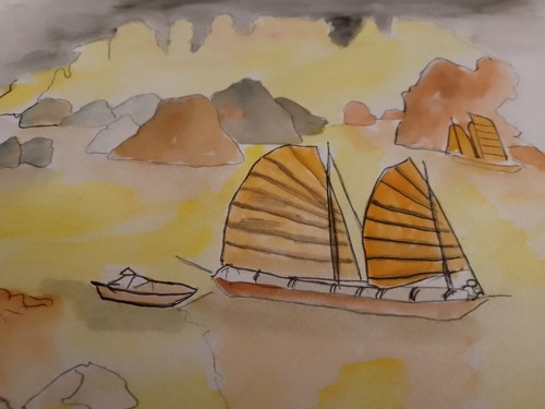 Aquarelle jonques dans baie - aquarelle,