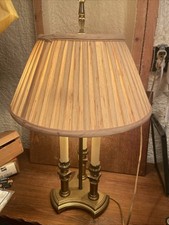 Vtg MCM French Brass Bouillotte Lamp, 3 Candlestick, 2 Bulb W/ SmockShade 25" VG