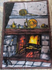 Tea Towel Kitchen Painting VONY France La Cheminee MCM Kitchen Decor 25 X 19"