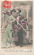 CP MOUSTACHE WOMAN ELEGANT FISHING ROD NET FISH FLOWERS - 4064