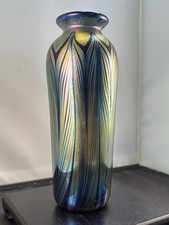 Beautiful Blue Luster Hand Blown Glass Vase With Feather Design ~ 7”