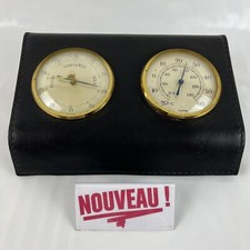 ➜BAROMETER THERMOMETER BLACK LEATHER Vintage Aneroid Weather Instrument Two Dials