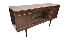 English Mid Century Formica Cocktail Bar Cabinet Sideboard Stenciled Glass MCM