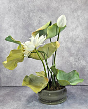 25" Artificial White Flower Vase Green Faux Lotus & Lily Room Decoration