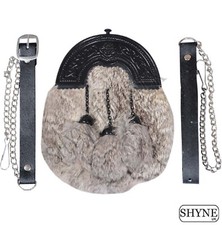 Sporran En Fourrure De Lapin Gris Avec Cantle Noir Et 3 Franges Grises