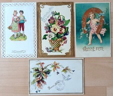 CPA x 4 * FANTAISIE Bonne fête gaufrée pensée colombe enfant fer à cheval fleurs