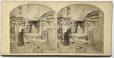 FRANCE Blacksmith at Work Photo c1860 Stereo Vintage Albumin Damaged Cardboard