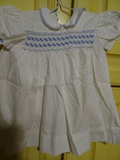 WHITE/blue smocks, old baby dress cotton fancy, baptism, large doll