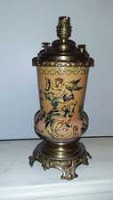ANCIENNE GRANDE LAMPE FAIENCE DE GIEN ET BRONZE DECOR ANGE FAUNE DIABLE 19ÈME 