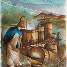 Signed Lithograph French Art Antique Crafts Chicken Raymond Bottaio Wine