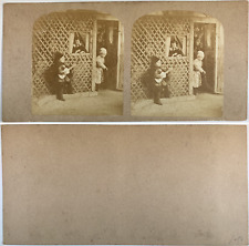Child Playing Guitar Under a Window, Vintage Albumen Print, ca.1860, Stereo