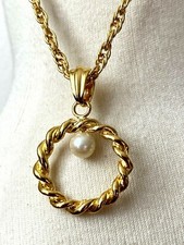 Eclatant COLLIER pendentif cercle torsadé + perle nacré jolie chaîne 82cm