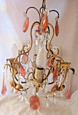 Ancien Lustre suspension doré pampilles gouttes Murano rose -BAROQUE ITALIE-TBE