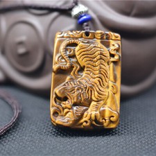 Natural Tigers Eye Necklace Carved Brave Tiger Crystal Amulet Jewelry