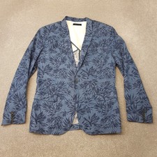 Selected Homme Mens Jacket 42 Blue Blazer Floral Linen Blend Lightweight Summer