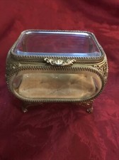 Vintage Jewelry Casket Trinket Box Ormolu Gold Filigree Beveled Glass Vitrine