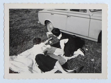 Two Young Women Lying Grass Peugeot 403 Car - Vintage Photo Snapshot