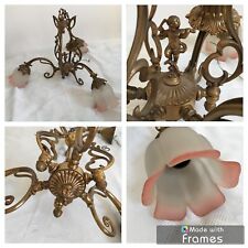 Vintage Gold Metal Chandelier Fixture With Angel Angelot Putti Pink Tulips