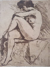 Gravure orig Emile Baes sign/n° Ecole Belge Femme nue Assise Rops Rassenfosse