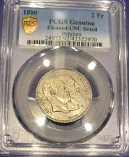  2 Francs Belge Leopold I et II Argent 1880  XF/SUP  KM  39