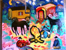 Oil/canvas painting 40x50 gypsy vigil DELTRIEU fawn + frame ref ARTMAJEUR