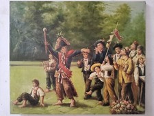 Peinture Huile sur Toile Scène Musique Danse Carré Caractères 50x60 CM Cadre