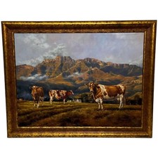 Superbe Africain Nkone Bétail En Paysage Huile Peinture par David Langmead C2001