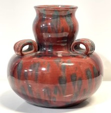 VINTAGE JAPANESE AWAJI WARE FLAMBE 3-HANDLE POTTERY VASE JAPAN 1920S ART DECO