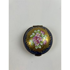 Rochard Limoges France Round Trinket Box Hand Painted Floral Cobalt Gold