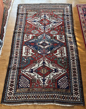 Antique 4 X 7 Kazak Caucasian Rug, Circa 1900 Navy & Sky Blue Ivory Scarlet Sage