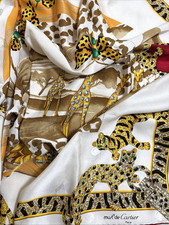 Cartier Silk Scarf 32in White Gold Panther Jewelry Motif Art Design France