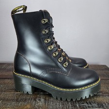 Dr. Doc Martens Leona Womens Size 8 Lace Up Heeled Boots Black Leather
