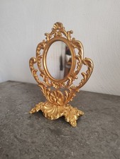 Small Antique Psyche Mirror. Gold Metal. Swivel