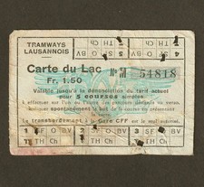 VINTAGE TRAMWAYS LAUSANNOIS CARTE DU LAC SWISS RAILWAY / TRAM TICKET